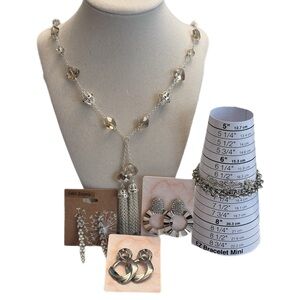 Silver and Glass Tassel Necklace with Rhinestone Bracelet and Earrings Bundle